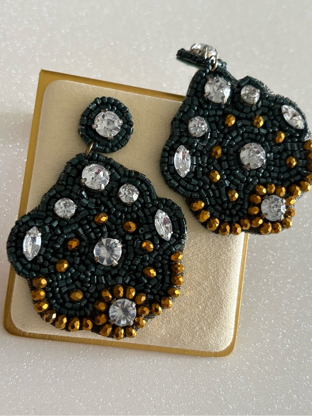 Handcrafted Beaded Drop Earrings - Emerald/teal Green & Gold Crystal Accents
